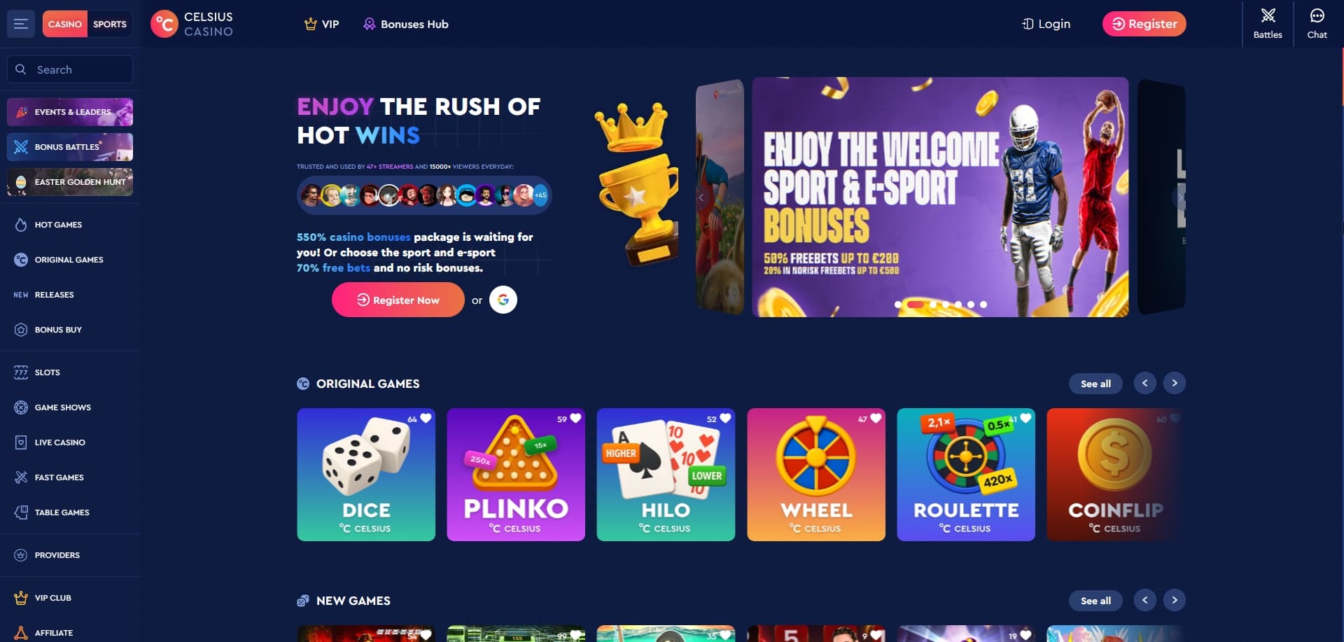 Celsius Casino homepage